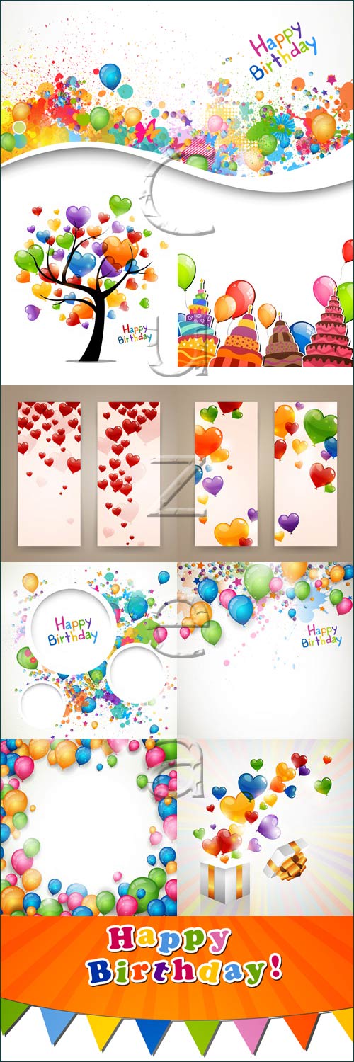 Happy birthday banners with ballons and hearts - vector stock