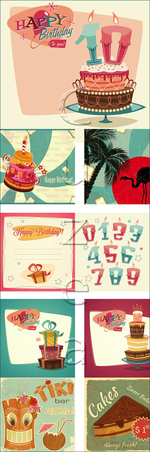     / Retro vintage happy birthday card with gifts - vector stock