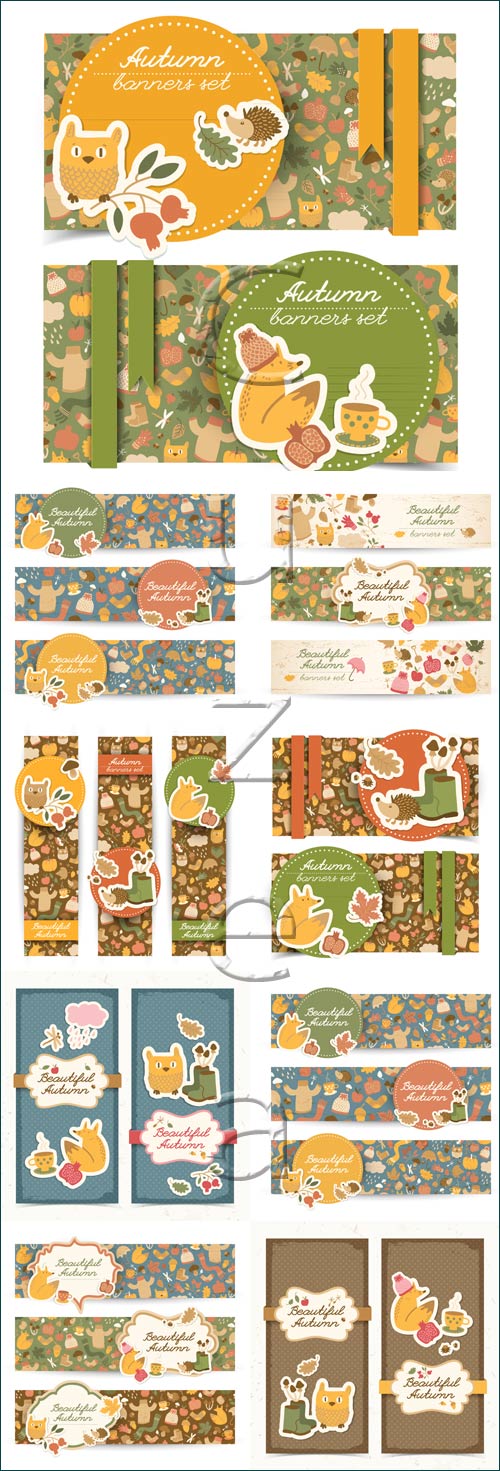 Autumn banners with leaves and animals - vector stock