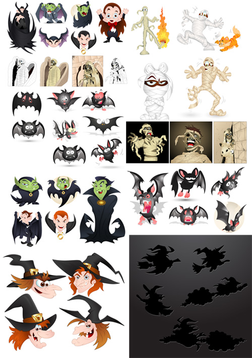 Halloween Vector Set - Dracula, Witches, Bats and Mummy