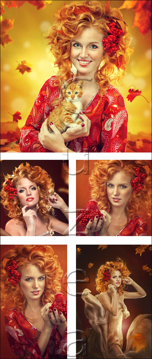 Red hair woman in autumn leaves - stock photo