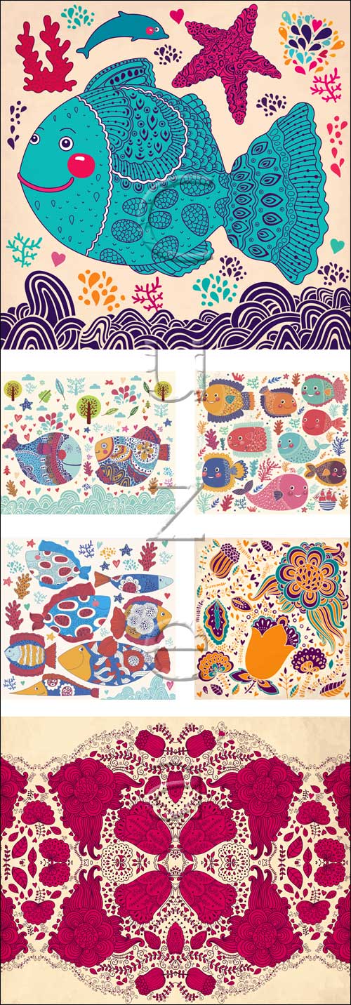 Fish and floral elements - vector stock