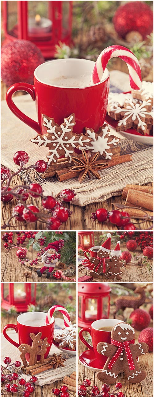 Red christmas backgrounds - Новогодние фоны с игрушками и печеньями