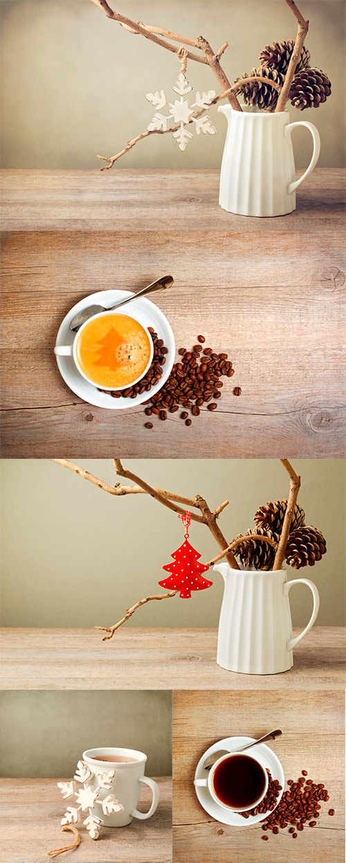 Christmas cups and jugs on the wooden background -       