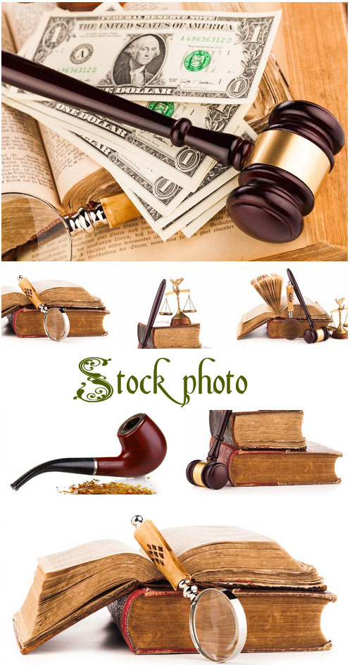 Magnifying glass , gavel and old law books - stock photo