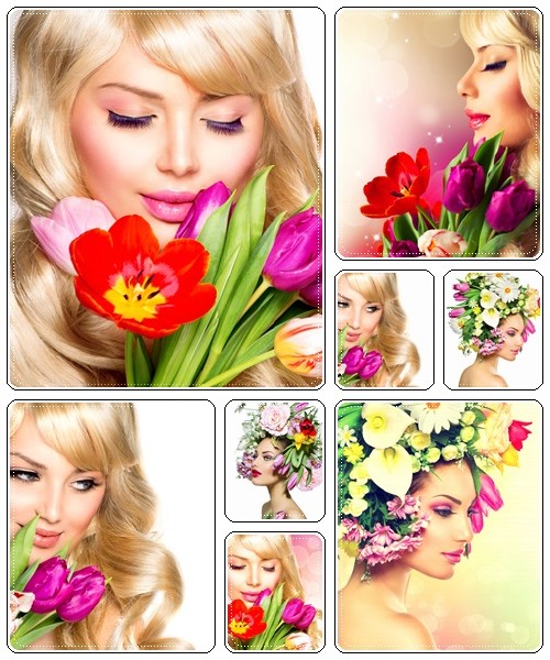 Beauty Woman with Spring Flower bouquet - stock photo