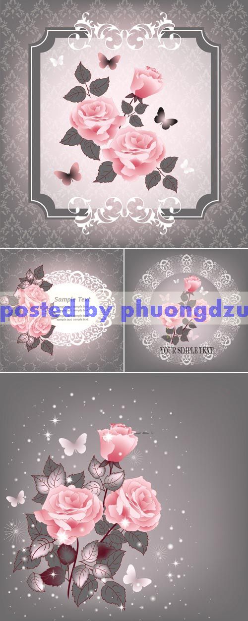Pink Roses Greeting Cards Vector 5