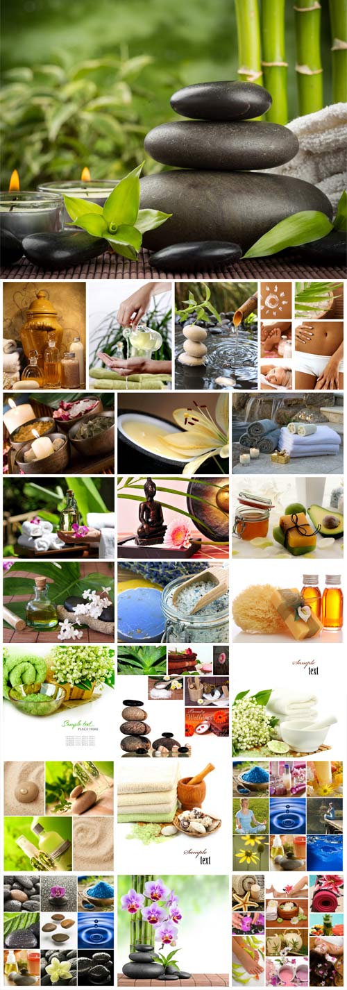 Spa collage, backgrounds with aromatic oils, spa stones and candles - stock photos