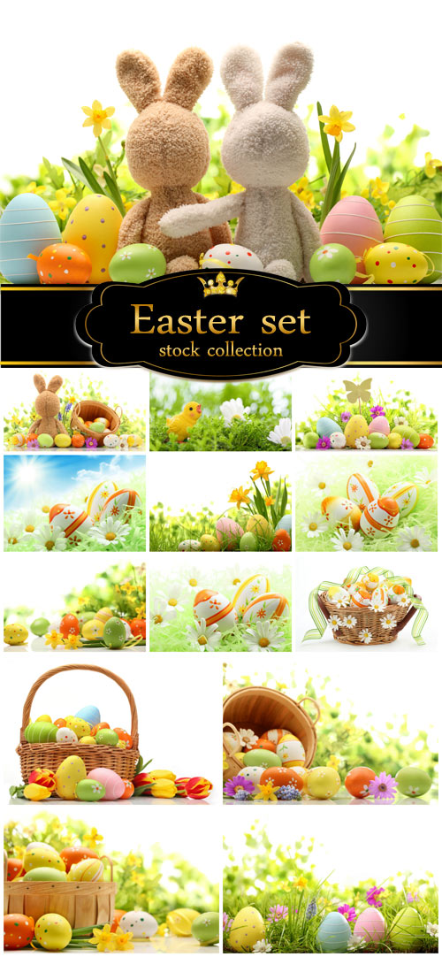 Easter set with flowers and easter eggs