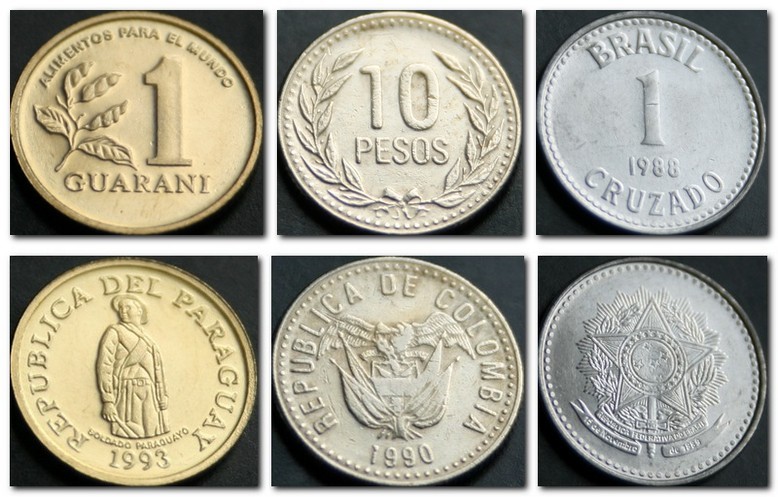 Монеты и купюры мира №118 1 гуарани (Парагвай), 10 песо (Колумбия), 1 крузадо (Бразилия)