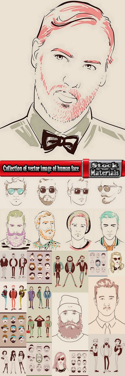 Collection of vector image of human face with different facial expressions hipster style 25 Eps