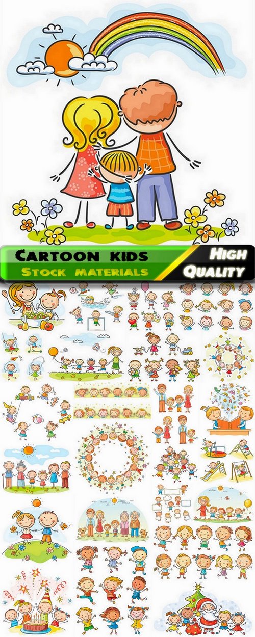 Happy funny cartoon kids and parents illustrations - 25 Eps